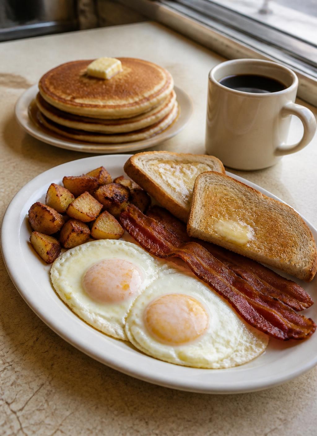 Two fried eggs with bacon, homefries and buttered toast beside pancakes and coffee